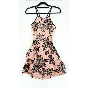 Papaya Pink Black Floral Structured Ruffle Cross Back Mini Dress Coquette